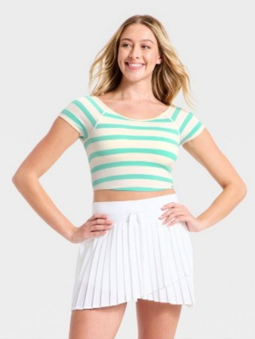 Women's Seamless Cropped Short Sleeve Support Top JoyLab Turquoise/Cream Strip